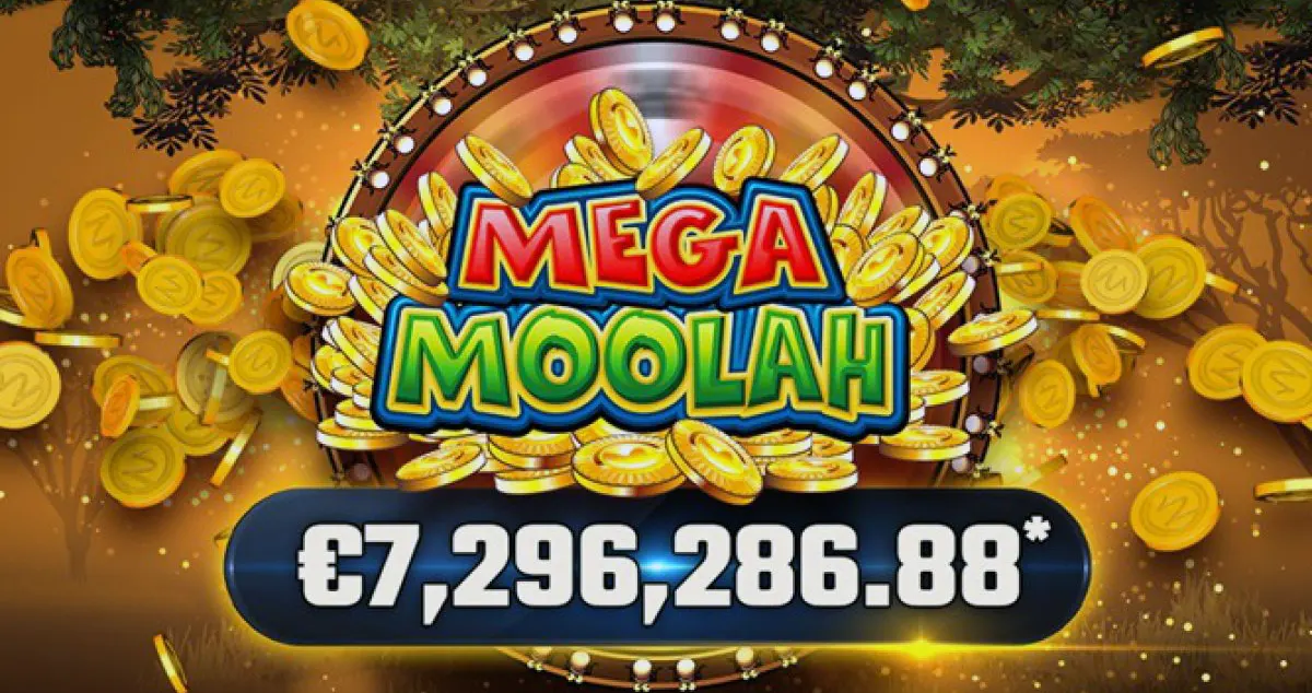Mega Moolah jackpot win graphic with the Mega Moolah logo framed by a pile of gold coins, coins flying across a safari-style background, and a large payout amount shown underneath.