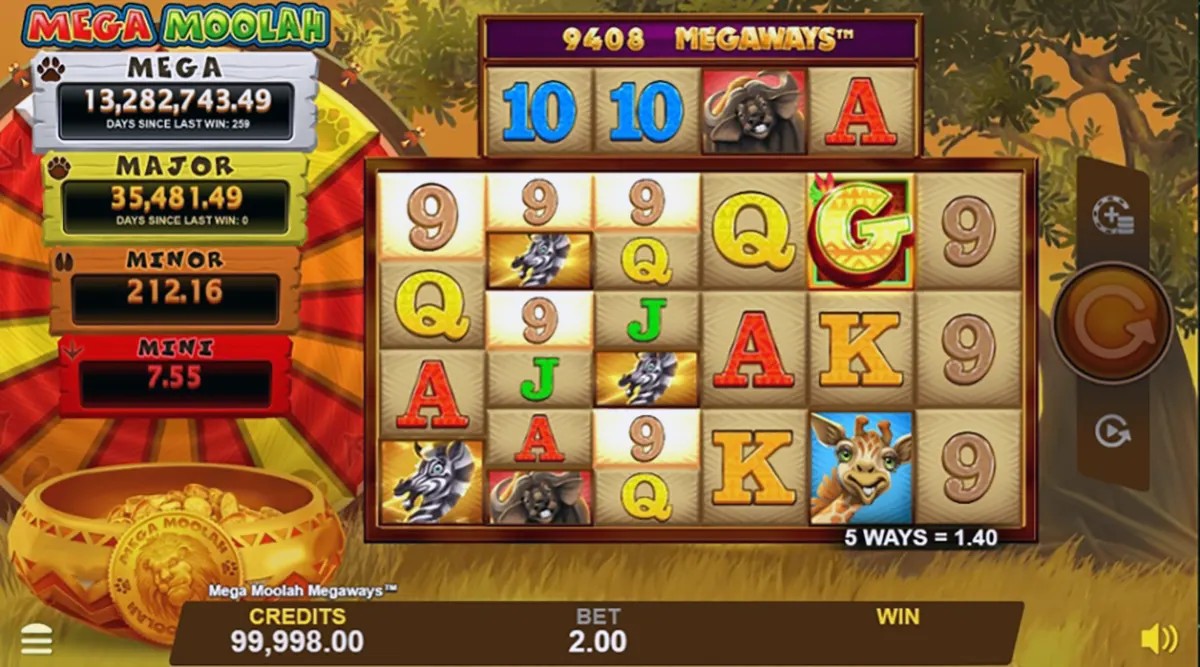 Screenshot of the Mega Moolah Megaways slot showing a safari-themed reel grid with card symbols and animal icons, jackpot values listed on the left (Mega, Major, Minor, Mini), and the bet/credits bar and spin controls along the bottom and right side.
