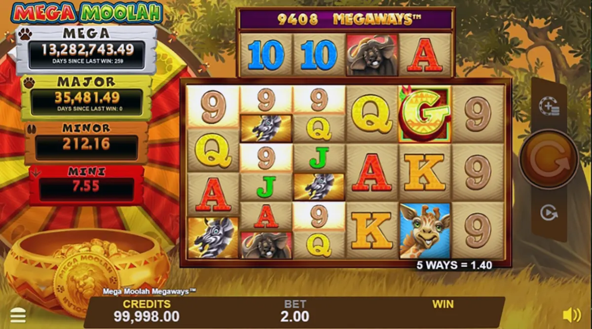Screenshot of the Mega Moolah Megaways slot showing a safari-themed reel grid with card symbols and animal icons, jackpot values listed on the left (Mega, Major, Minor, Mini), and the bet/credits bar and spin controls along the bottom and right side.